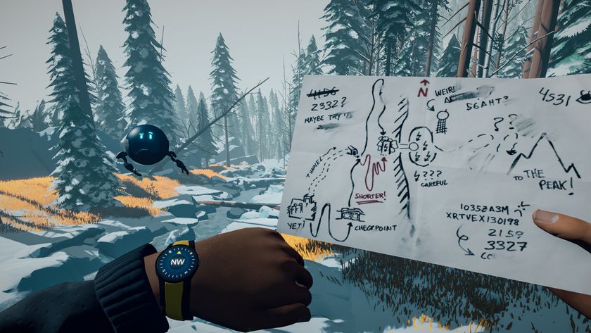 In the snowy Alaskan wilderness, the player checks his wristwatch while holding up a hand-drawn map. A spherical drone with a digital face floats in the background.