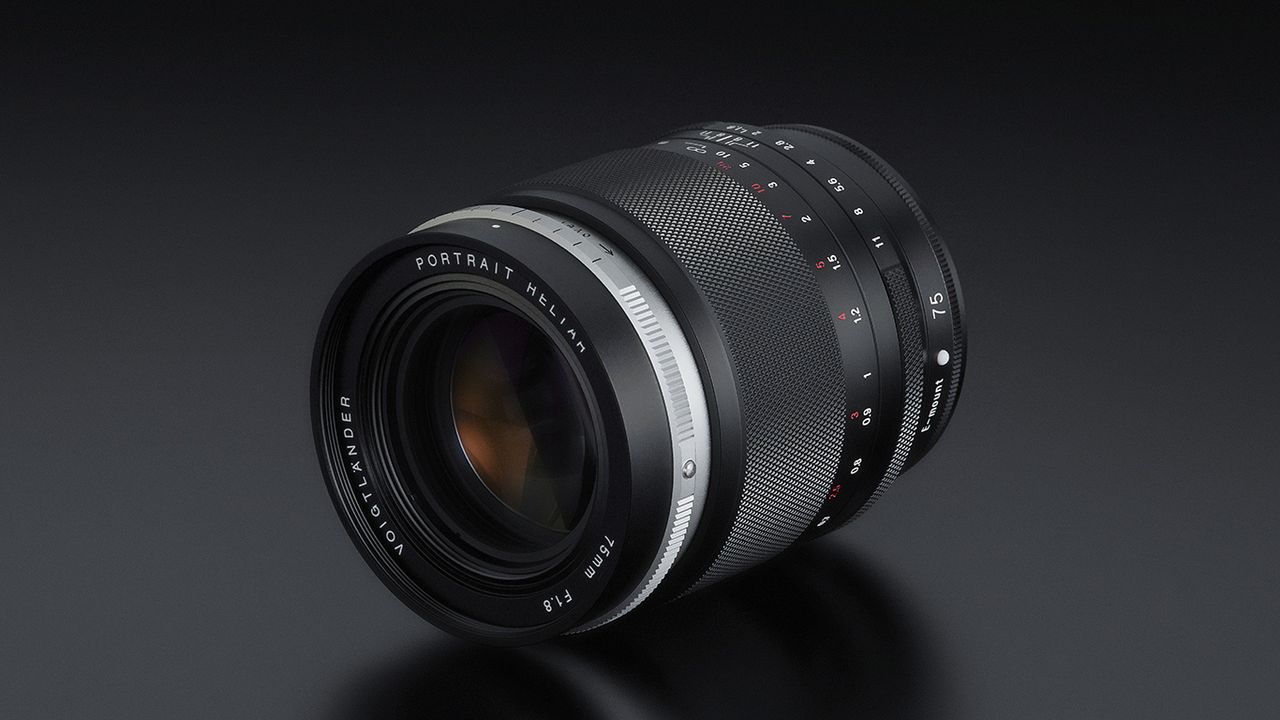 The Voigtlander Portrait Heliar 75mm f/1.8 camera lens, showcasing a sleek design with a textured black surface and precision markings