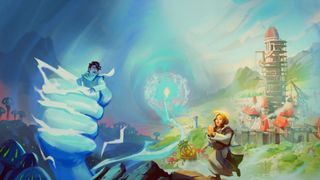 A person with a halo prays while another screams as they are lifted by the hand of a god