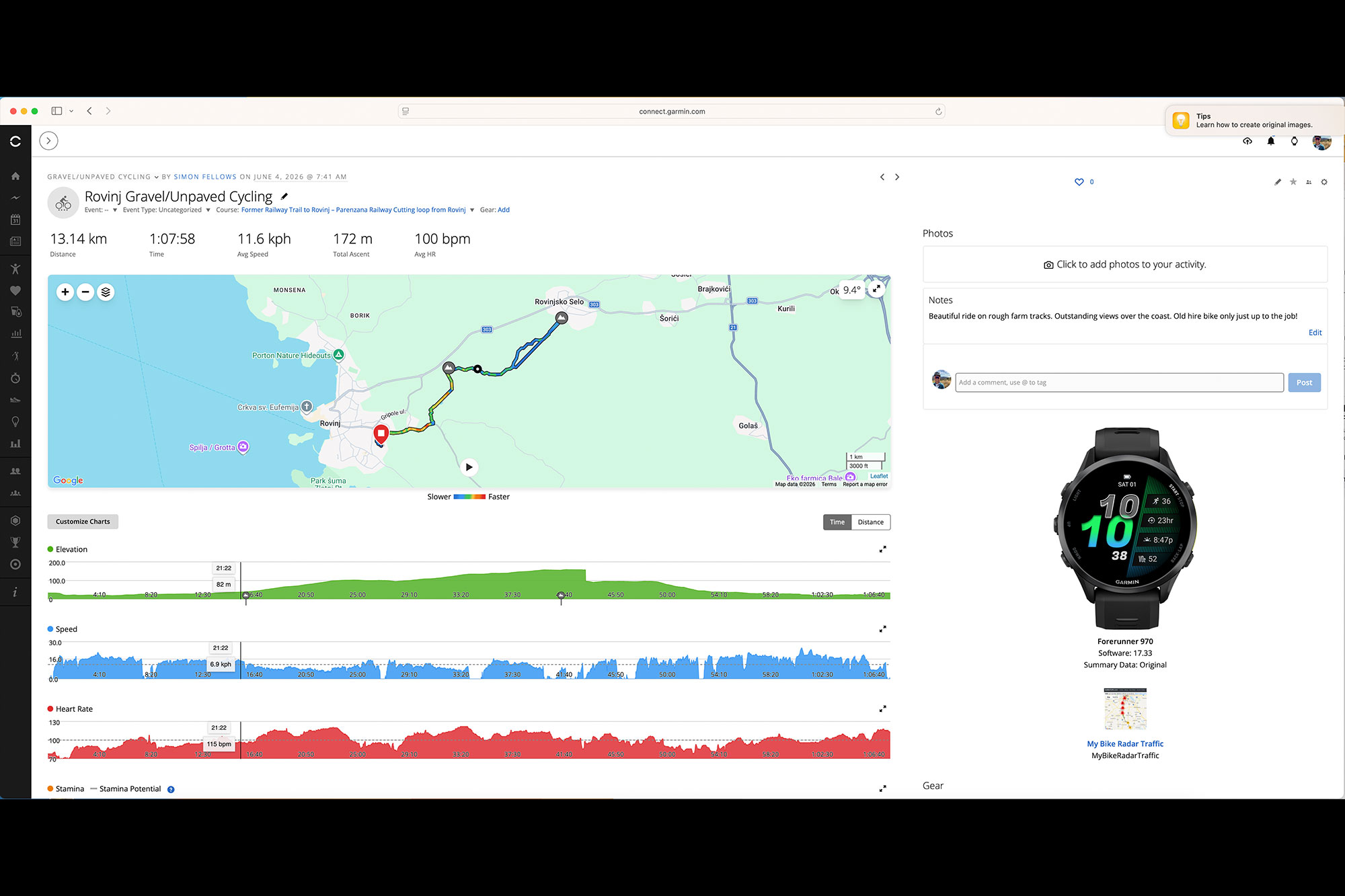 Garmin Forerunner 970 ride data displayed within Garmin Connect