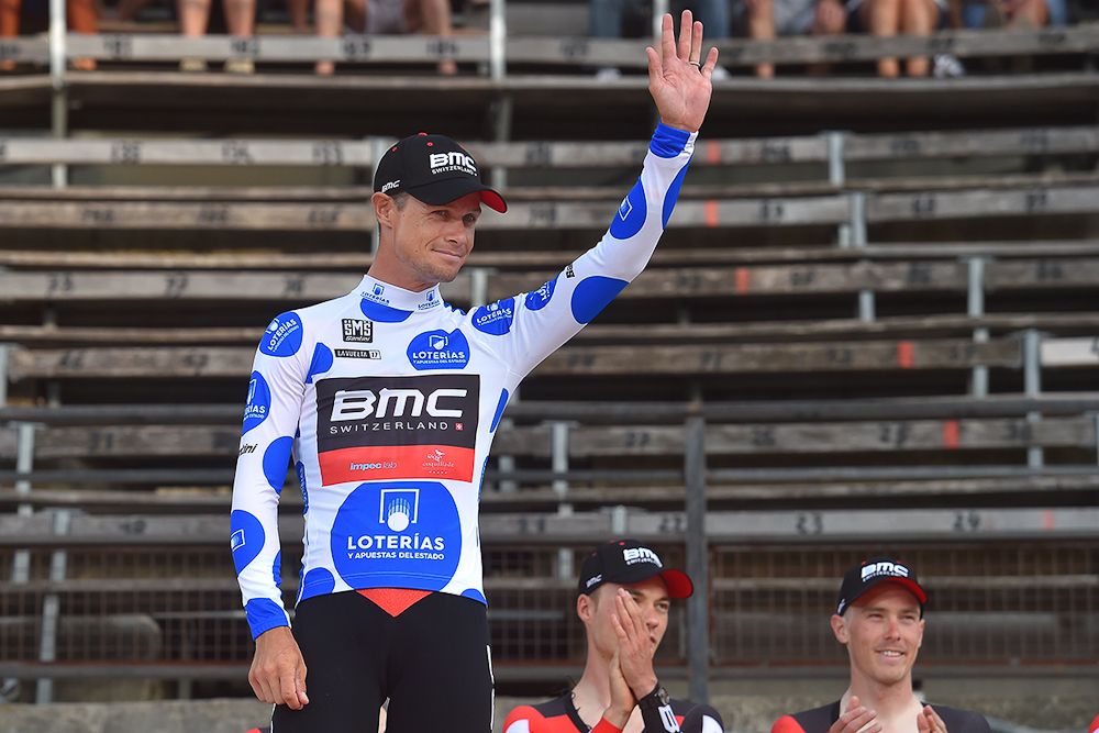 Nicolas Roche in polka dots after stage 1 at the Vuelta a Espana