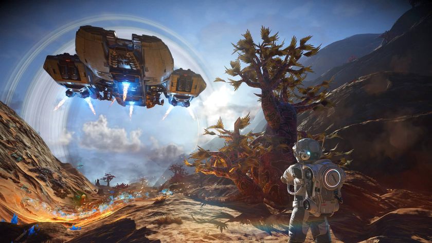 No Man's Sky screenshot shows a figure looking at a corvette flying in the distance.