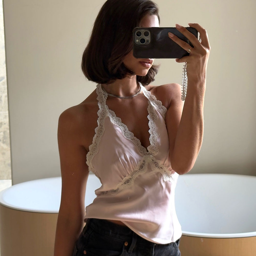 cute silk cami top with lace paired with jeans