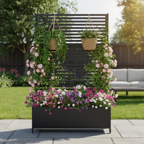 Sunnibety Metal Planter Box With Trellis Privacy Screen, Raised Garden Bed With Trellis &amp;amp; Wheels, Privacy Planters for Patio, Planter Box With Drainage Holes for Climbing Plants, 73"x 47"x 16", Black