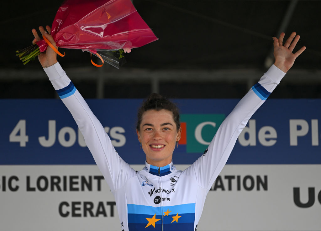 PLOUAY, FRANCE - AUGUST 24: Mischa Bredewold of The Netherlands and Team SD Worx - Protimecelebrates at podium as race winner during the 24th GP de Plouay - Lorient- Agglomeration Trophee CERA 2024 a 158km one day race from Plouay to Plouay / #UCIWWT / on August 24, 2024 in Plouay, France. (Photo by Luc Claessen/Getty Images)
