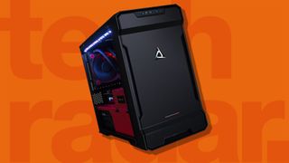 A CLX Scarab, a top scorer on our best gaming PC list, against an orange background