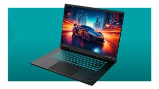 A Gigabyte Gaming A16 laptop on a teal deals background
