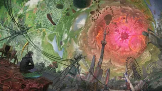 Uncle Death looking down at a swirling vortex in Let It Die: Inferno.