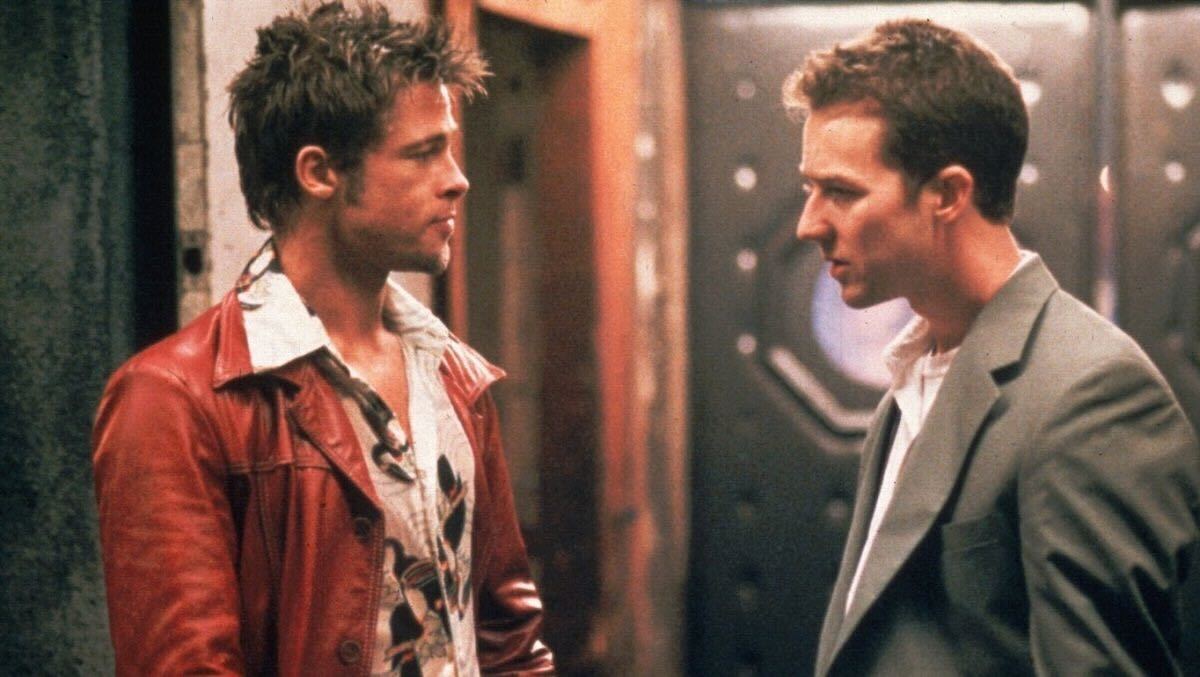 Brad Pitt and Ed Norton as Tyler Durden in Fight Club