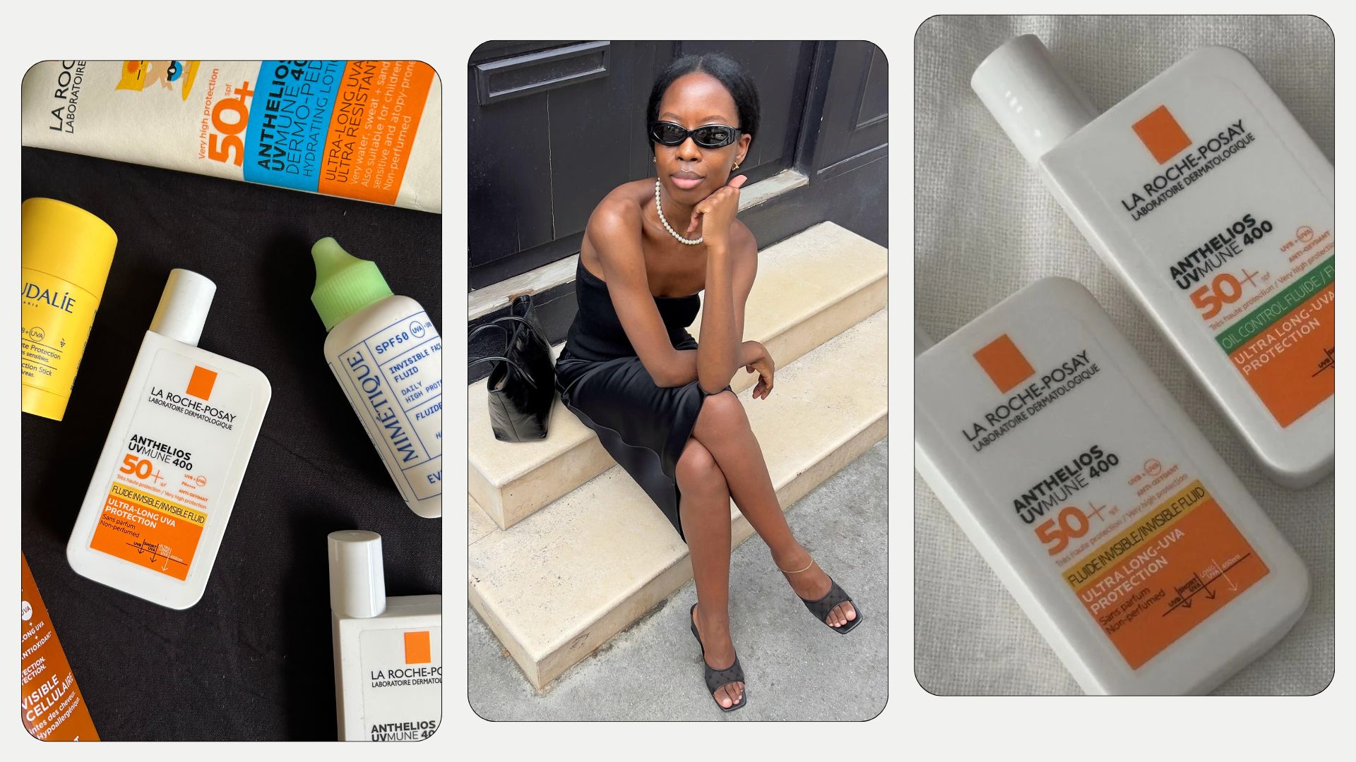 A collage of French pharmacy SPFs, and a picture of creator Sylvie Mus in Paris