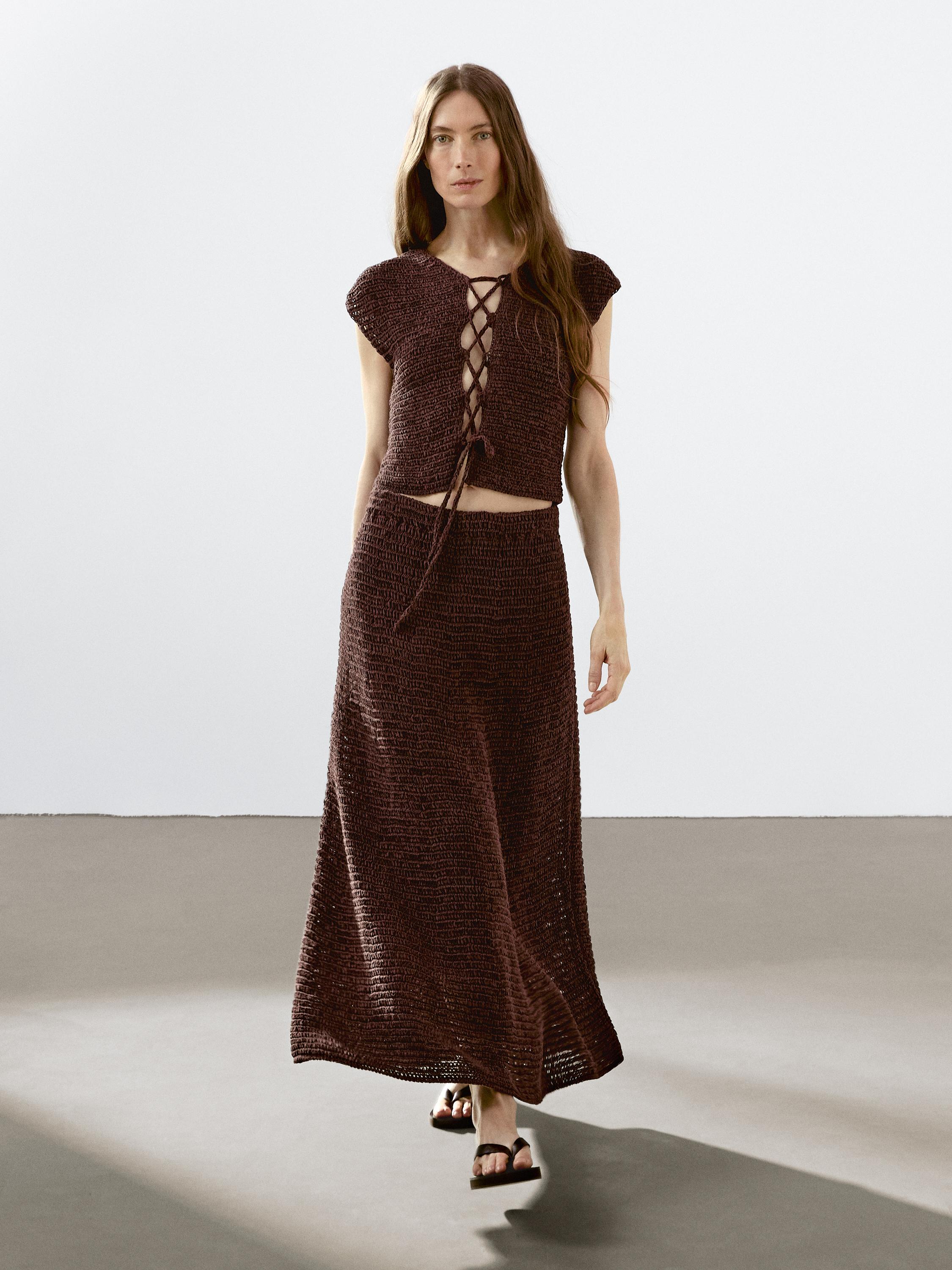 Cotton Blend Crochet Midi Skirt