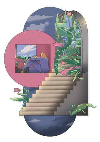 Illustration by Abbie Reilly of a person sitting in a pink room next to some steps with plants