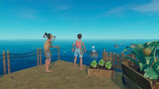 Raft screenshot of a man and woman standing at the edge of a pier, looking out to a wide expanse of blue ocean.