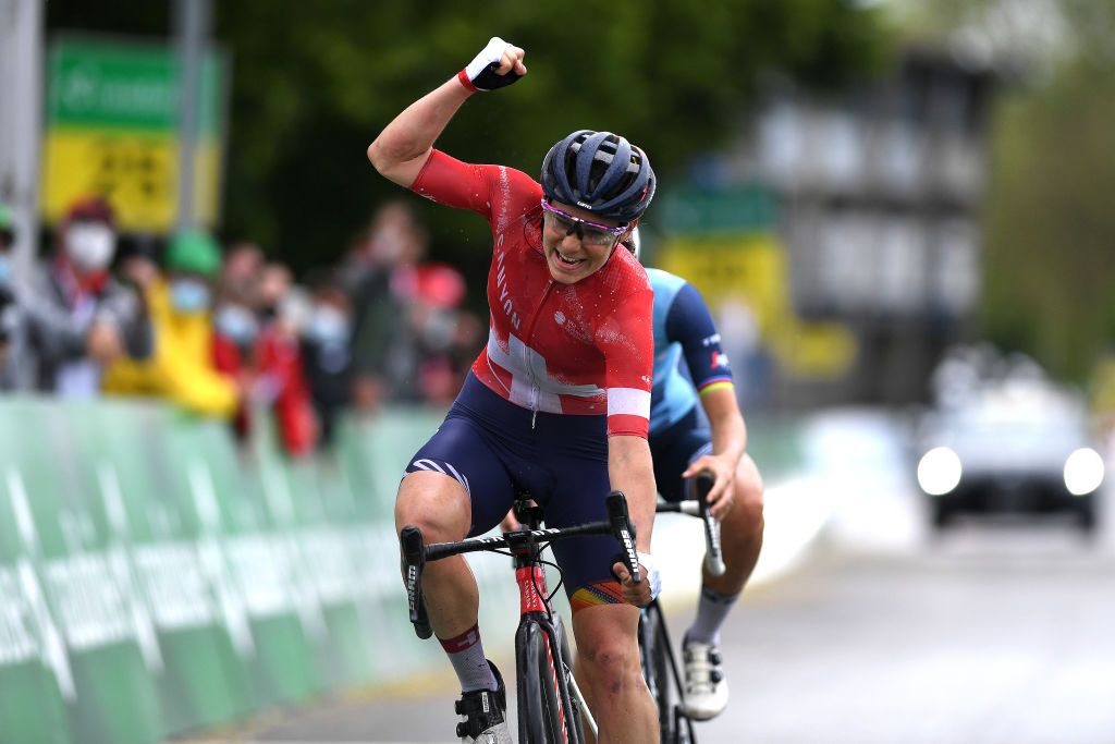 FRAUENFELD SWITZERLAND JUNE 05 Elise Chabbey of Switzerland and Team Canyon SRAM Racing celebrates at arrival during the 1st Tour de Suisse Women 2021 Stage 1 a 1143km stage from Frauenfeld to Frauenfeld tourdesuisse tds tdswomen on June 05 2021 in Frauenfeld Switzerland Photo by Tim de WaeleGetty Images