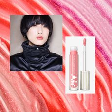 A picture of a tube of lip gloss next to a picture of a model with glossy lips.