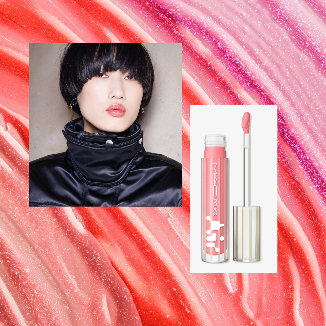 A picture of a tube of lip gloss next to a picture of a model with glossy lips. 