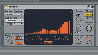 Add more groove to a part by using rhythmic material as the modulator signal in a vocoder