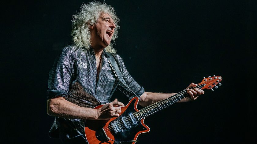 Brian May of Queen performs at the &quot;We Will Rock You&quot; musical premiere at Stage Palladium Theater on October 17, 2025 in Stuttgart, Germany. 