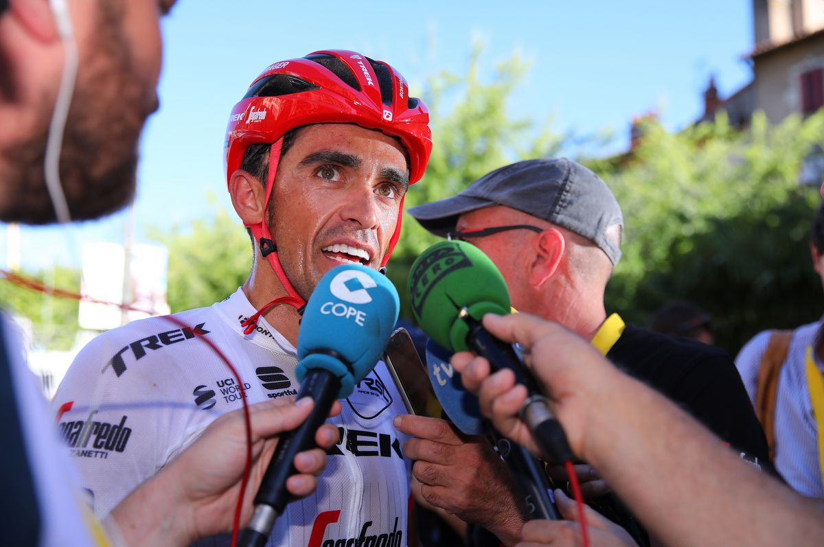 Alberto Contador (Trek-Segafredo) with the press post-stage