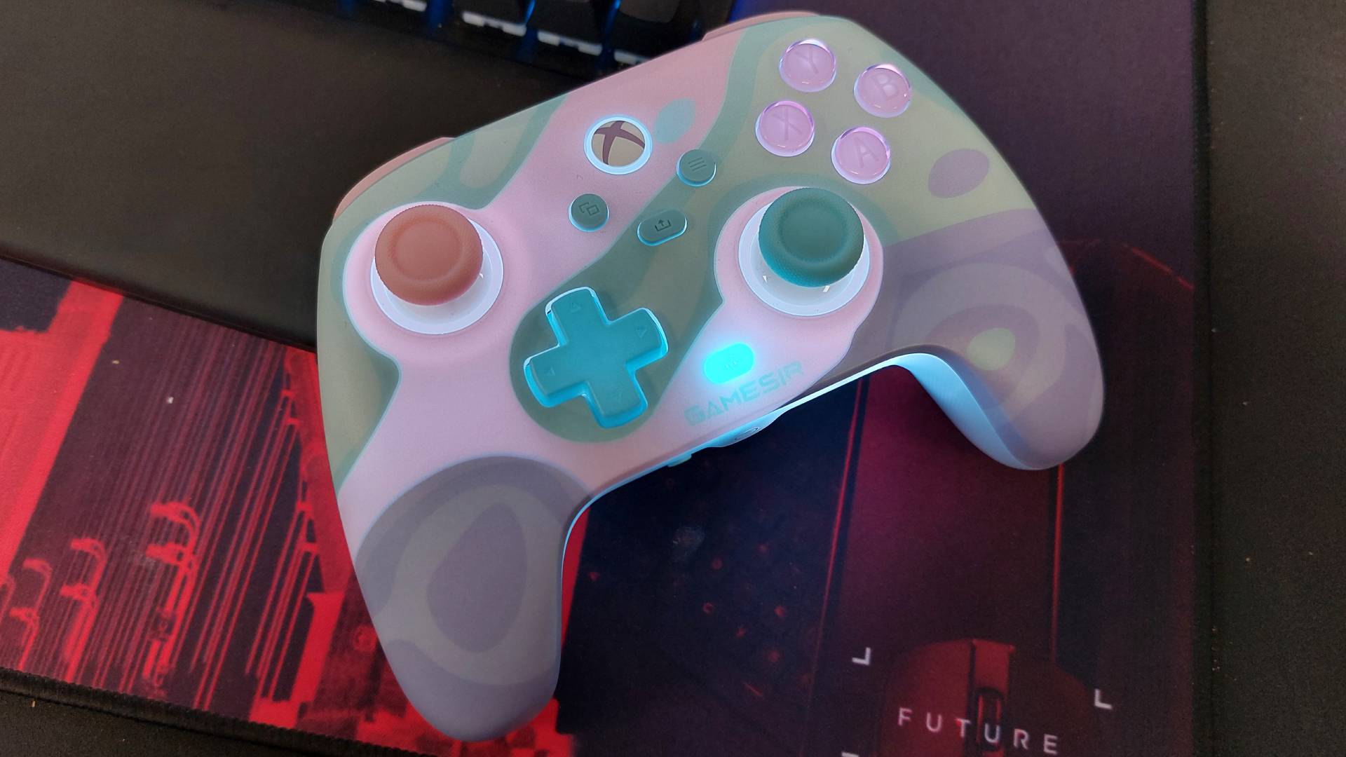 The GameSir T7 Pro Sugar Whirl Wireless Controller seen from various angles.