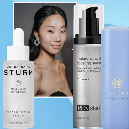 models with good skin on a blue background next to hyaluronic acid serum