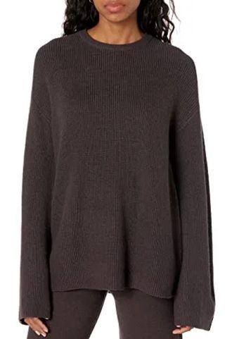 The Drop Women's Alice Crewneck Back Slit Ribbed Pullover Sweater, Chocolate, L