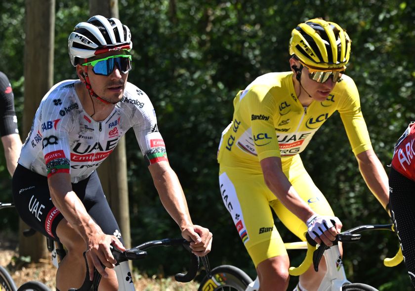 VIRE NORMANDIE, FRANCE - JULY 10: (L-R) Joao Almeida of Portugal and Tadej Pogacar of Slovenia and UAE Team Emirates - XRG - Yellow leader jersey compete during the 112th Tour de France, Stage 6 a 201.5km stage from Bayeux to Vire Normandie / #UCIWT / on July 10, 2025 in Vire Normandie, France. (Photo by Tim de Waele/Getty Images)