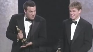 Matt Damon and Ben Affleck accepting their Oscars for Good Will Hunting