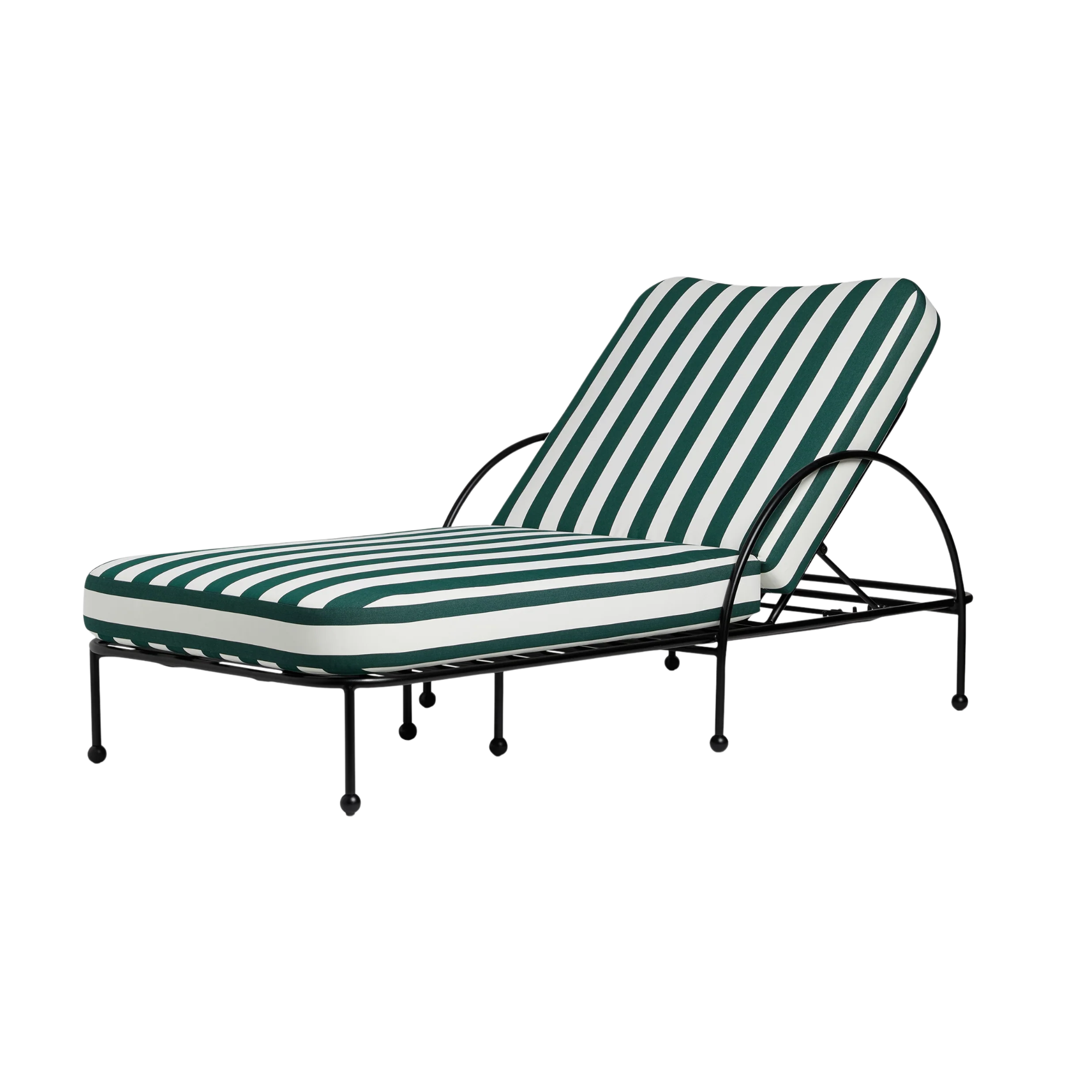 an outdoor striped green chaise lounge