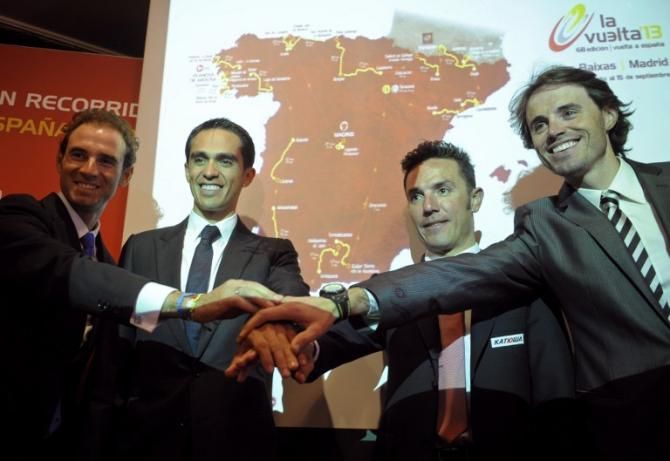 Spanish cyclists, Alejandro Valverde, Vuelta 2012's winner Alberto Contador, Joaquin "Purito" Rodriguez and Samuel Sanchez pose during the Vuelta presentation