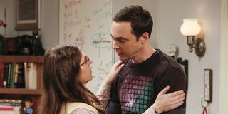 sheldon and amy in a romantic embrace on big bang theory