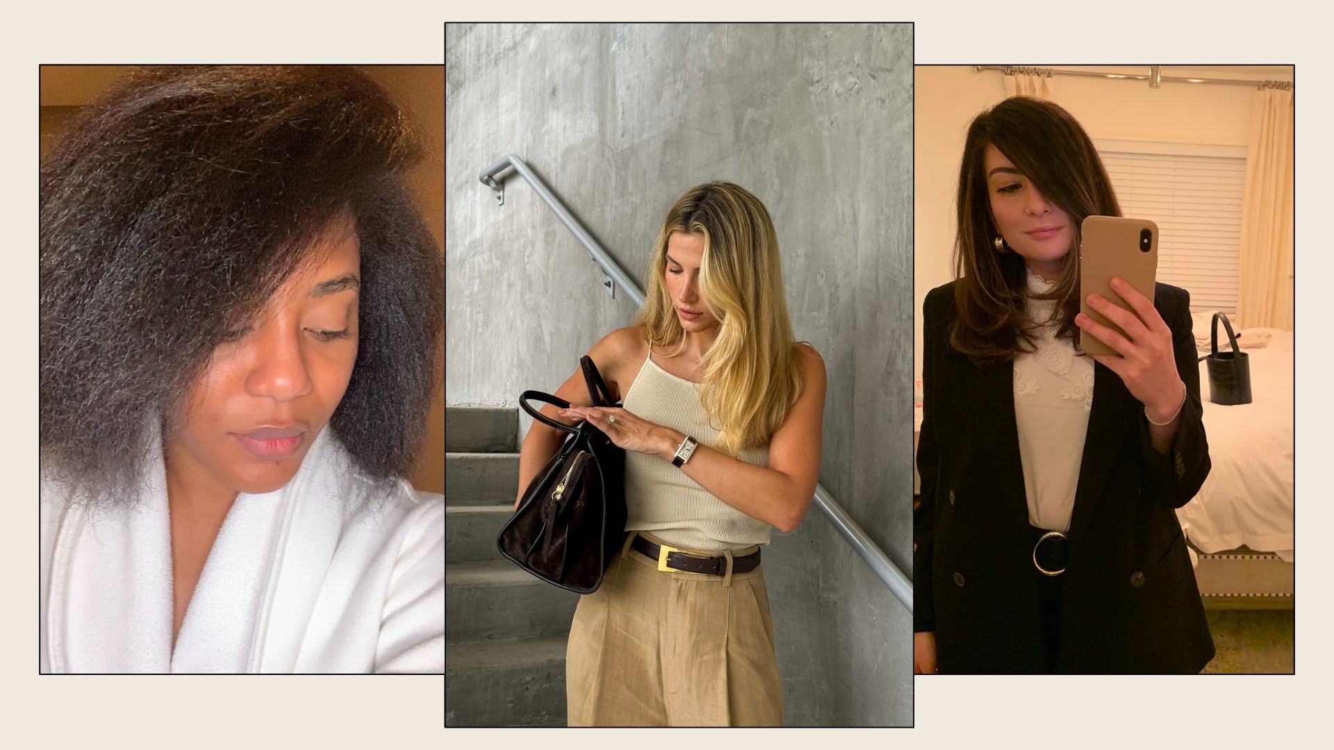 A collage of three women with bouncy hairstyles