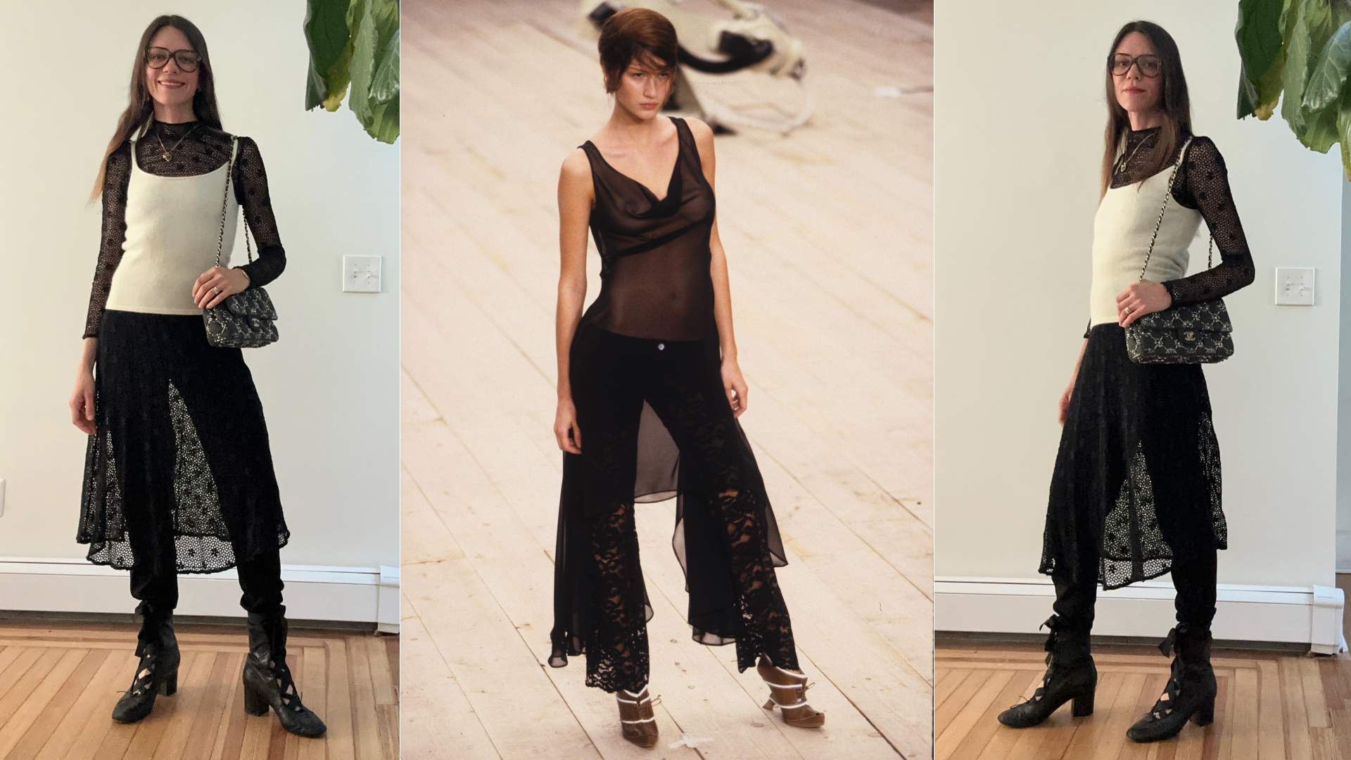 julia gall wearing a lace dress over black pants, a look from alexander mcqueen Spring 1999