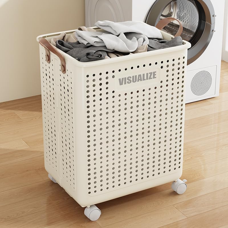 Hygrad&amp;reg; Foldable Laundry Basket 42l Large Heavy Duty Laundry Hamper on Wheels Fold Away Space Saving Laundry Storage Bin Hamper for Clothes (cream)