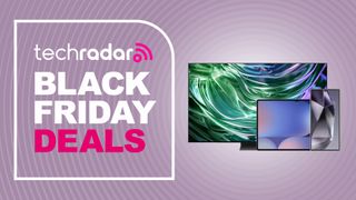 Assorted Samsung products on purple background with TechRadar deals text overlay