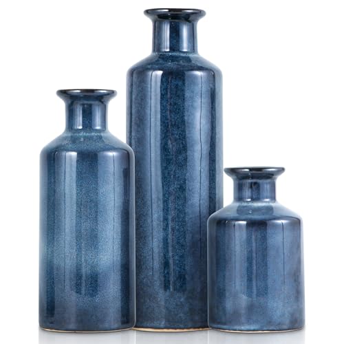 Mowtanco Blue Ceramic Vase Set of 3 Small Vases, Modern Farmhouse for Home Decor Bottles, Rustic Terracotta Vase Decorative Vases for Table,fireplaces Decor, Bookshelf, Living Room
