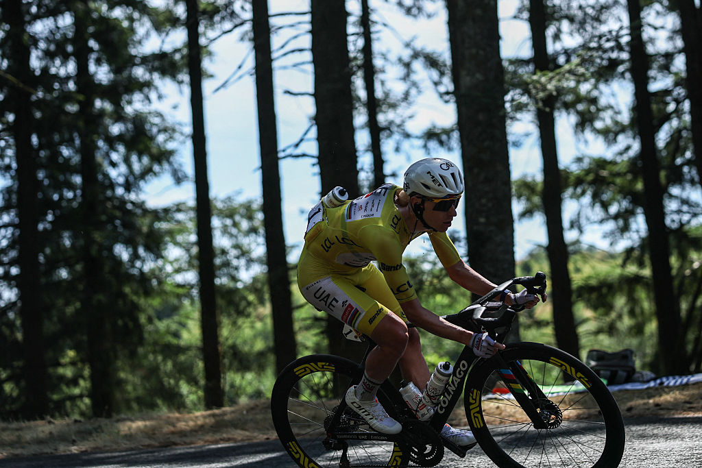 UAE Team Emirates - XRG's Slovenian rider Tadej Pogacar wearing the overall leader's yellow jersey cycles during the 9th stage of the 113th edition of the Tour de France