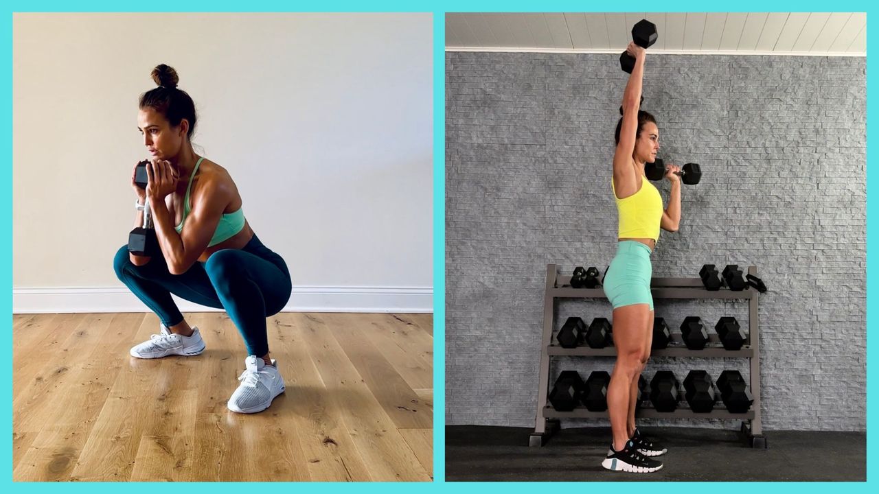 Trainer Melissa Kendter demonstrating dumbbell exercises