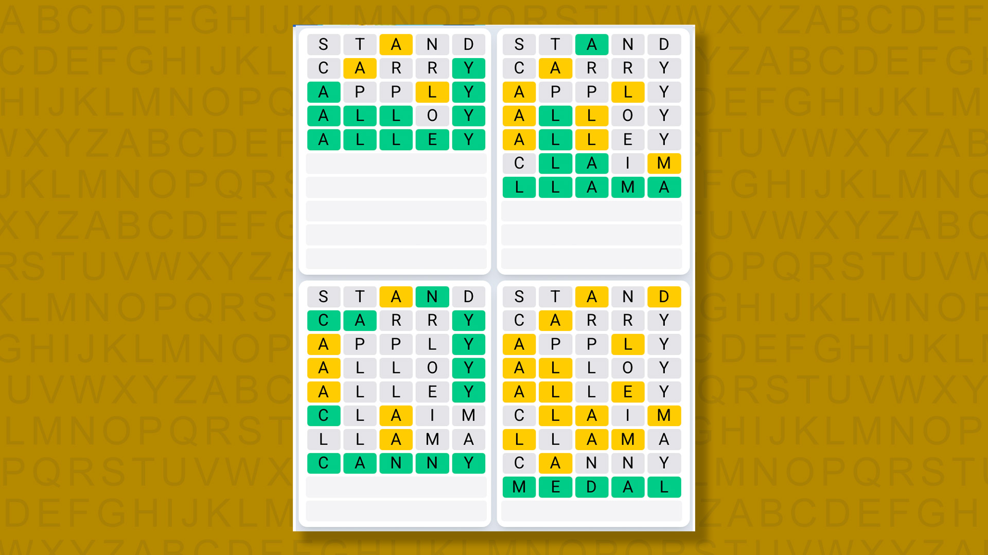 Quordle Daily Sequence answers for game 1437 on yellow background