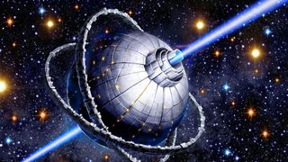 An illustration of a metallic, orblike alien craft blasting twin beams of blue light into space