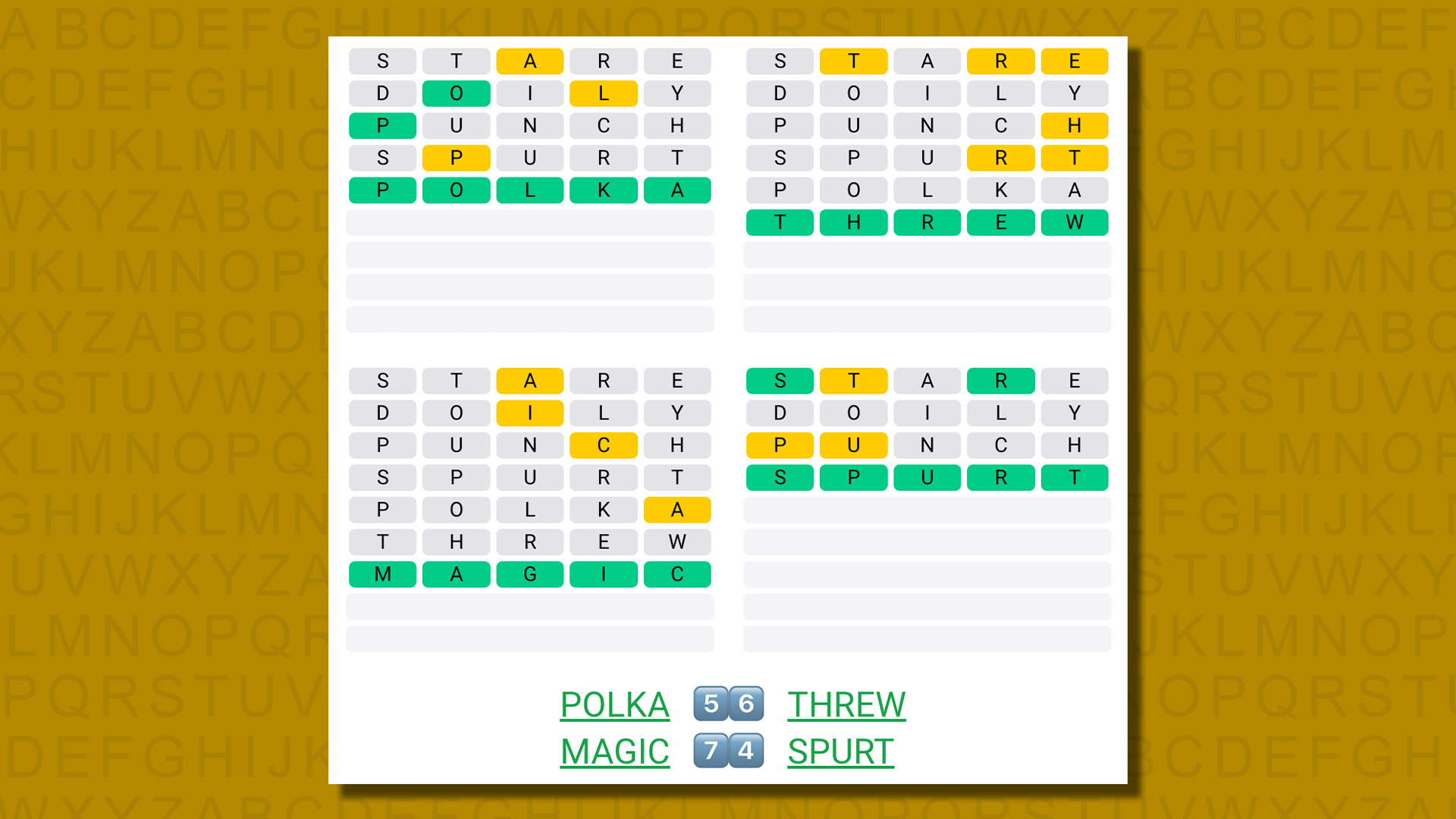 Quordle answers for game 590 on a yellow background