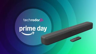 Amazon Fire TV soundbar on a multicolored background with the words 'TechRadar: Prime Day' positioned on the left