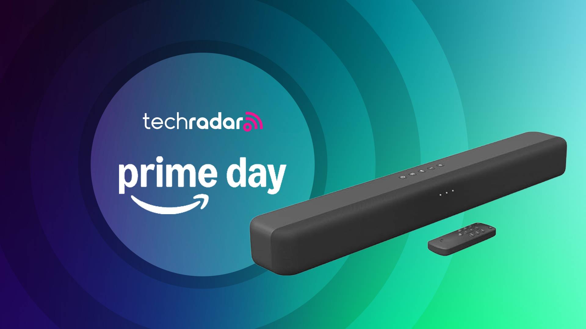 Amazon Fire TV soundbar on a multicolored background with the words &#039;TechRadar: Prime Day&#039; positioned on the left