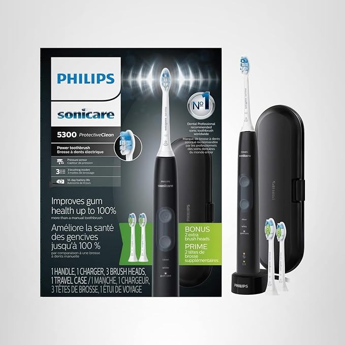 Philips Sonicare, Philips Sonicare Protectiveclean 5300 Rechargeable Electric Toothbrush, With Pressure Sensor, 3 Cleaning Modes, Smartimer and Quadpacer, With 2 Bonus Brush Heads, Travel Case, Black, Model Hx6423/34
