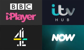 BBC iPlayer, ITV Hub, All 4 and Now logos tiled