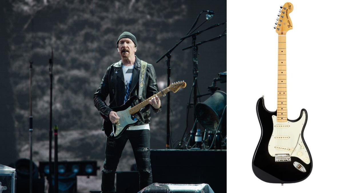 Left - The Edge from U2 perform at Stade de France on July 26, 2017 in Paris, France; Right - A Fender The Edge Stratocaster electric guitar