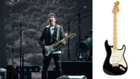 Left - The Edge from U2 perform at Stade de France on July 26, 2017 in Paris, France; Right - A Fender The Edge Stratocaster electric guitar