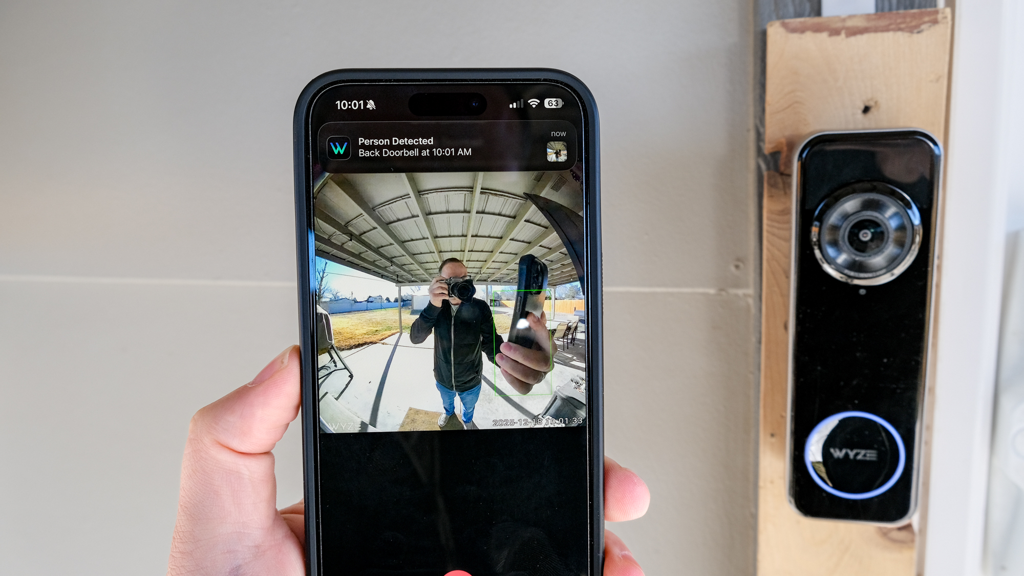 Video from the Wyze Battery Video Doorbell displayed on a cell phone