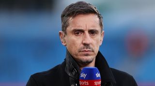 Gary Neville on punditry duty for Sky Sports in the game between Manchester City and West Ham in May 2023.