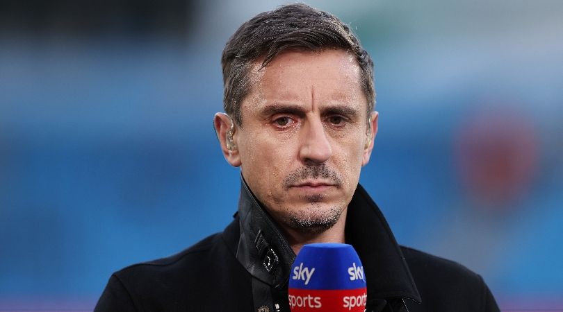 Gary Neville on punditry duty for Sky Sports in the game between Manchester City and West Ham in May 2023.